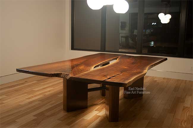 custom made walnut slab table from other side showing butterfly joints